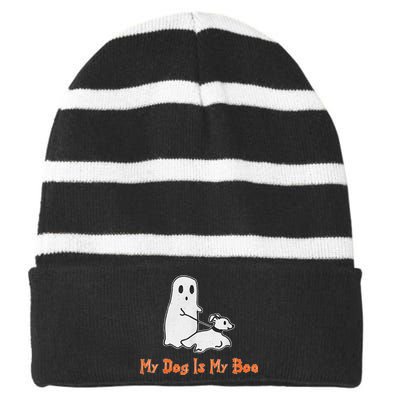 My Dog Is My Boo Ghost Halloween Dog Lover Striped Beanie with Solid Band