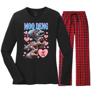 Moo Deng I Love You Pygmy Hippopotamus Women's Long Sleeve Flannel Pajama Set 