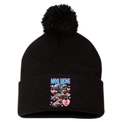 Moo Deng I Love You Pygmy Hippopotamus Pom Pom 12in Knit Beanie