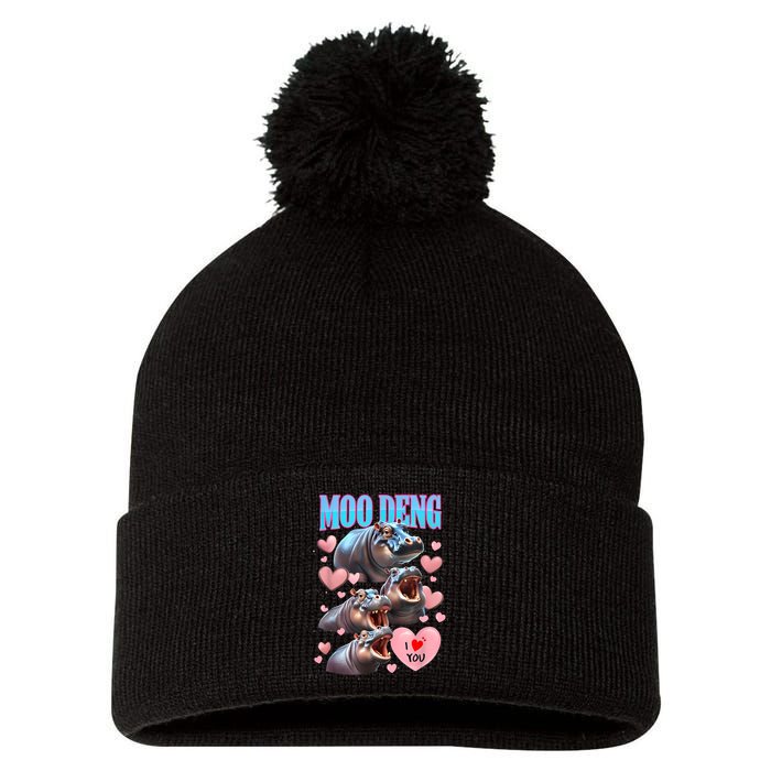 Moo Deng I Love You Pygmy Hippopotamus Pom Pom 12in Knit Beanie