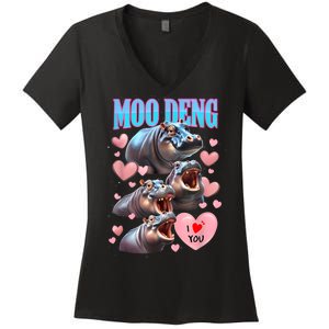 Moo Deng I Love You Pygmy Hippopotamus Women's V-Neck T-Shirt