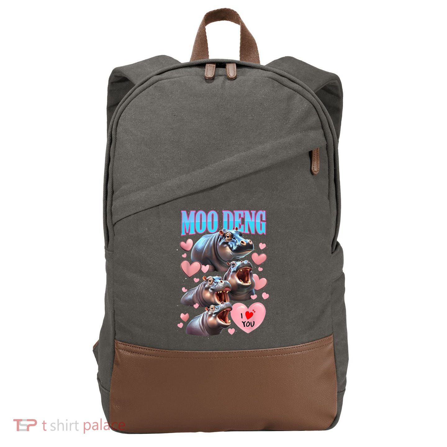 Moo Deng I Love You Pygmy Hippopotamus Cotton Canvas Backpack