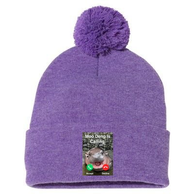 Moo Deng Is Calling Meme Funny Vintage Little Hippo Pom Pom 12in Knit Beanie
