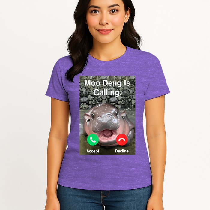 Moo Deng Is Calling Meme Funny Vintage Little Hippo Womens T-Shirt