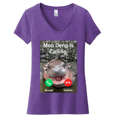 Moo Deng Is Calling Meme Funny Vintage Little Hippo Women's V-Neck T-Shirt