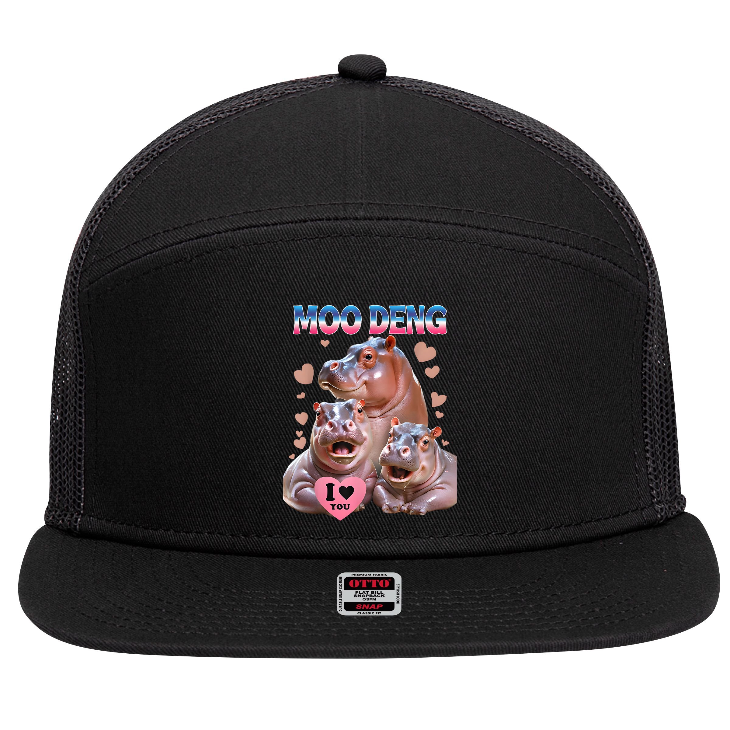 Moo Deng I Love You Hippo 7 Panel Mesh Trucker Snapback Hat