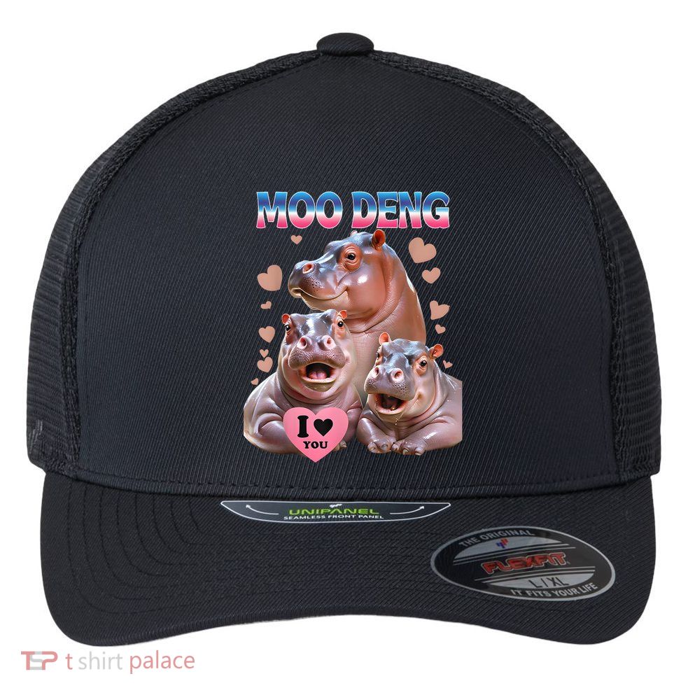 Moo Deng I Love You Hippo Flexfit Unipanel Trucker Cap