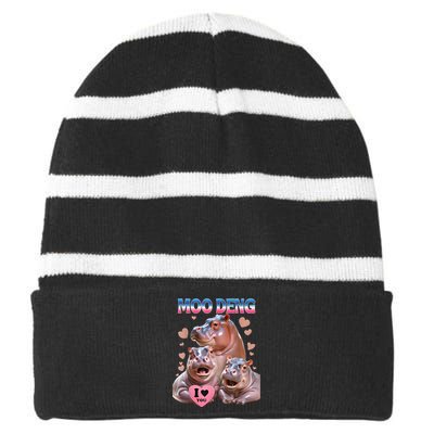 Moo Deng I Love You Hippo Striped Beanie with Solid Band