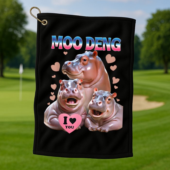 Moo Deng I Love You Hippo Golf Towel