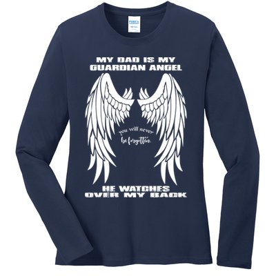 My Dad Is My Guardian Angel - Text on Back Ladies Long Sleeve Shirt