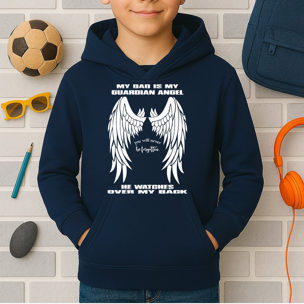 My Dad Is My Guardian Angel - Text on Back Kids Hoodie