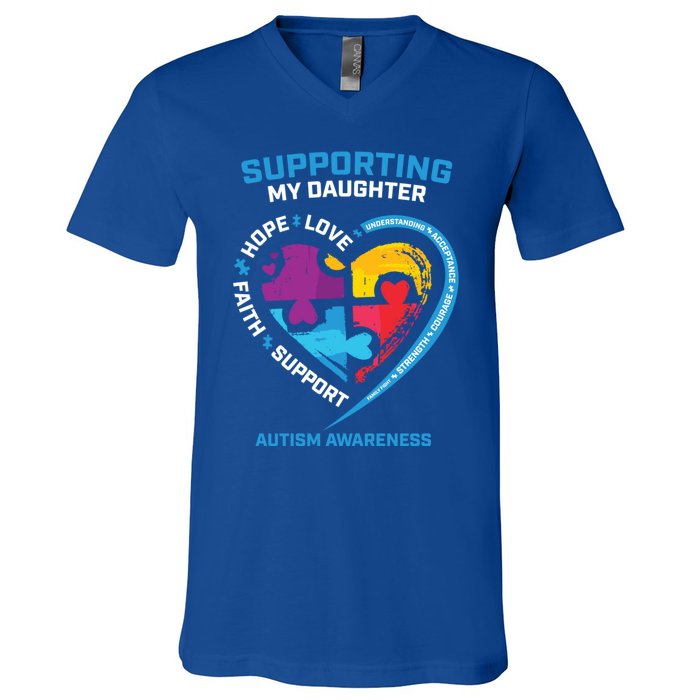 Mom Dad I Wear Blue Daughter Autism Awareness Puzzle Piece Great Gift V-Neck T-Shirt