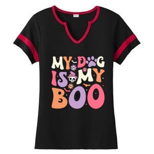 My Dog Is My Boo Halloween Funny Groovy Dog Halloween Gift Ladies Halftime Notch Neck Tee