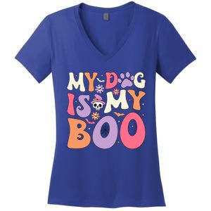 My Dog Is My Boo Halloween Funny Groovy Dog Halloween Gift Women's V-Neck T-Shirt