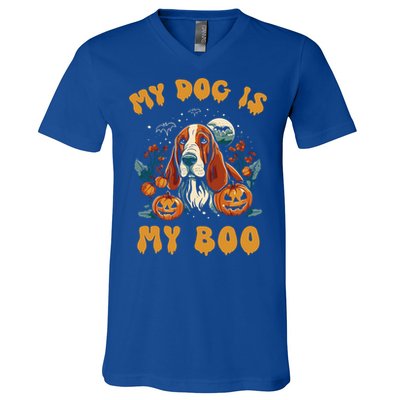 My Dog Is My Boo Halloween Pumpkin Basset Hound Halloween Cute Gift V-Neck T-Shirt