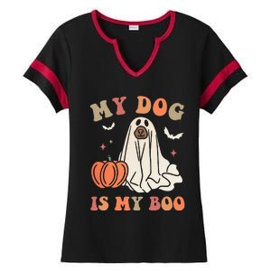 My Dog Is My Boo Spooky Season Ghost Halloween Groovy Retro Ladies Halftime Notch Neck Tee