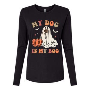 My Dog Is My Boo Spooky Season Ghost Halloween Groovy Retro Womens Cotton Relaxed Long Sleeve T-Shirt