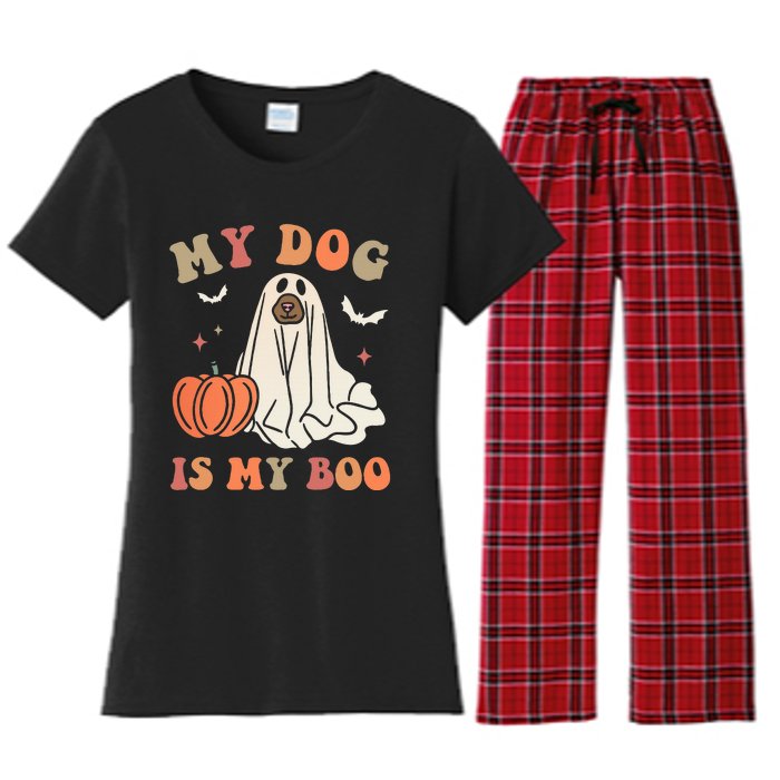 My Dog Is My Boo Spooky Season Ghost Halloween Groovy Retro Women's Flannel Pajama Set