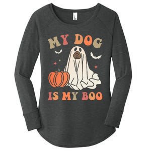 My Dog Is My Boo Spooky Season Ghost Halloween Groovy Retro Women's Perfect Tri Tunic Long Sleeve Shirt