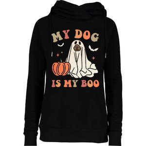 My Dog Is My Boo Spooky Season Ghost Halloween Groovy Retro Womens Funnel Neck Pullover Hood