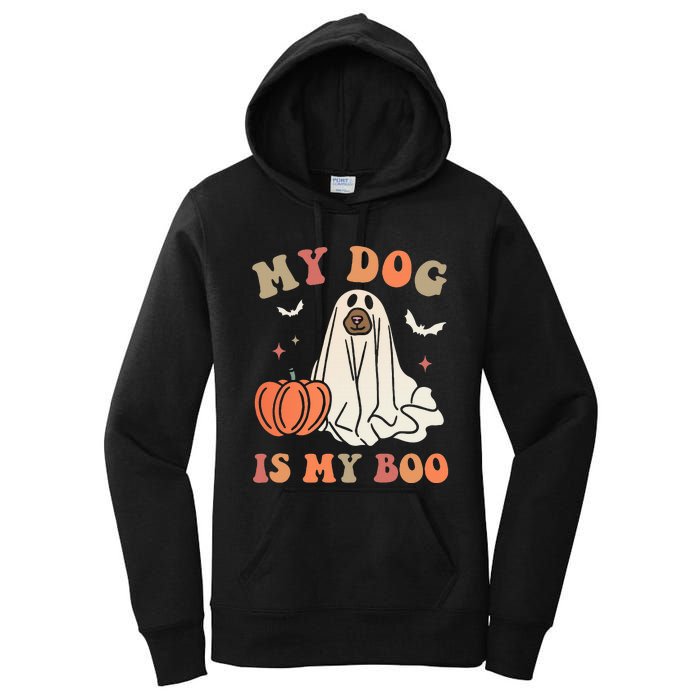 My Dog Is My Boo Spooky Season Ghost Halloween Groovy Retro Women's Pullover Hoodie