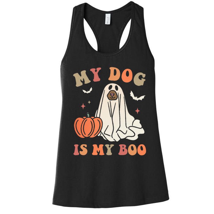 My Dog Is My Boo Spooky Season Ghost Halloween Groovy Retro Women's Racerback Tank