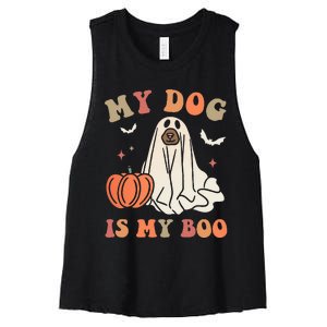 My Dog Is My Boo Spooky Season Ghost Halloween Groovy Retro Women's Racerback Cropped Tank