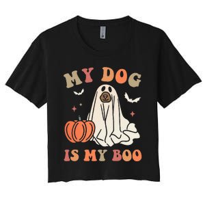 My Dog Is My Boo Spooky Season Ghost Halloween Groovy Retro Women's Crop Top Tee