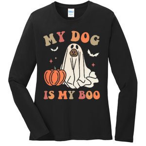 My Dog Is My Boo Spooky Season Ghost Halloween Groovy Retro Ladies Long Sleeve Shirt