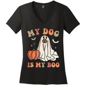 My Dog Is My Boo Spooky Season Ghost Halloween Groovy Retro Women's V-Neck T-Shirt