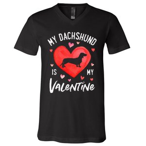 My Dachshund Is My Valentine Valentines Day V-Neck T-Shirt