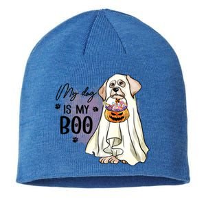 My Dog Is My Boo Spooky Season Ghost Halloween Groovy Retro Gift Sustainable Beanie