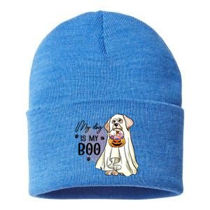 My Dog Is My Boo Spooky Season Ghost Halloween Groovy Retro Gift Sustainable Knit Beanie