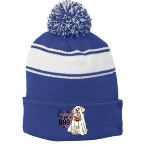 My Dog Is My Boo Spooky Season Ghost Halloween Groovy Retro Gift Stripe Pom Pom Beanie