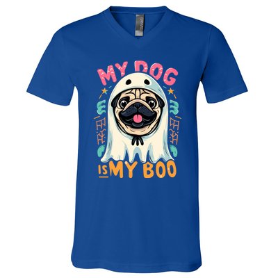 My Dog Is My Boo Spooky Season Ghost Halloween Groovy Retro Funny Gift V-Neck T-Shirt