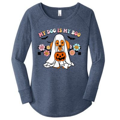 My Dog Is Boo Funny Poodle Ghost Lover Halloween Gift Women's Perfect Tri Tunic Long Sleeve Shirt