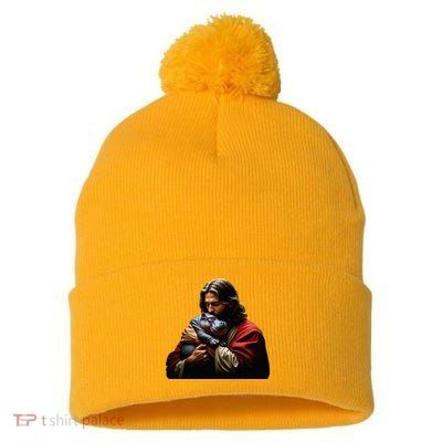 Moo Deng Jesus Christ Baby Hippo Animal Pom Pom 12in Knit Beanie