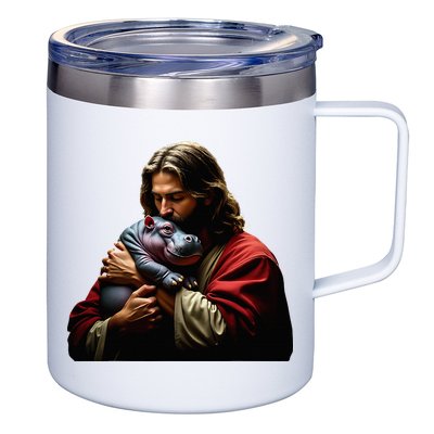Moo Deng Jesus Christ Baby Hippo Animal 12oz Stainless Steel Coffee Mug