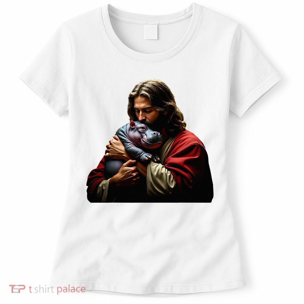 Moo Deng Jesus Christ Baby Hippo Animal Womens T-Shirt