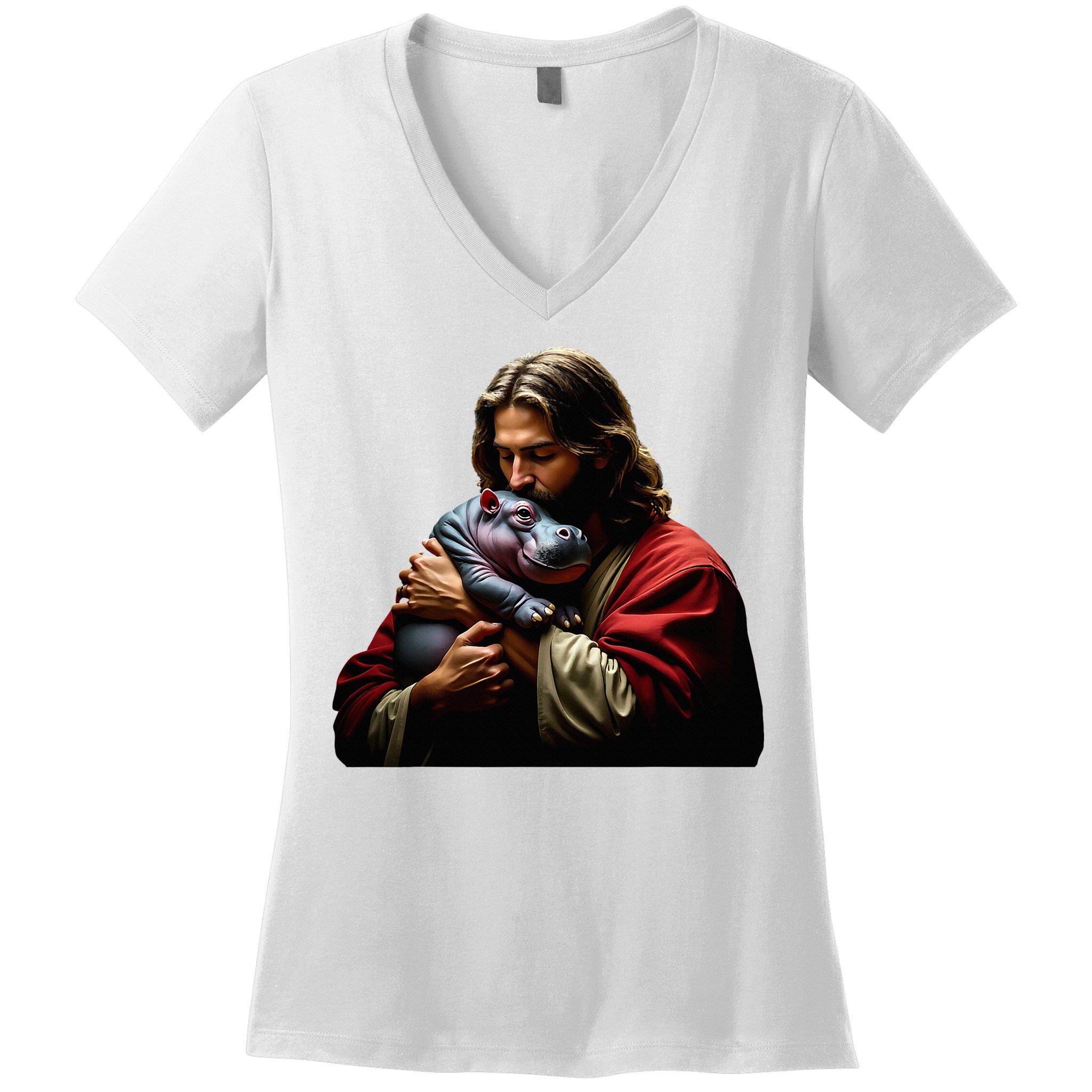 Moo Deng Jesus Christ Baby Hippo Animal Women's V-Neck T-Shirt
