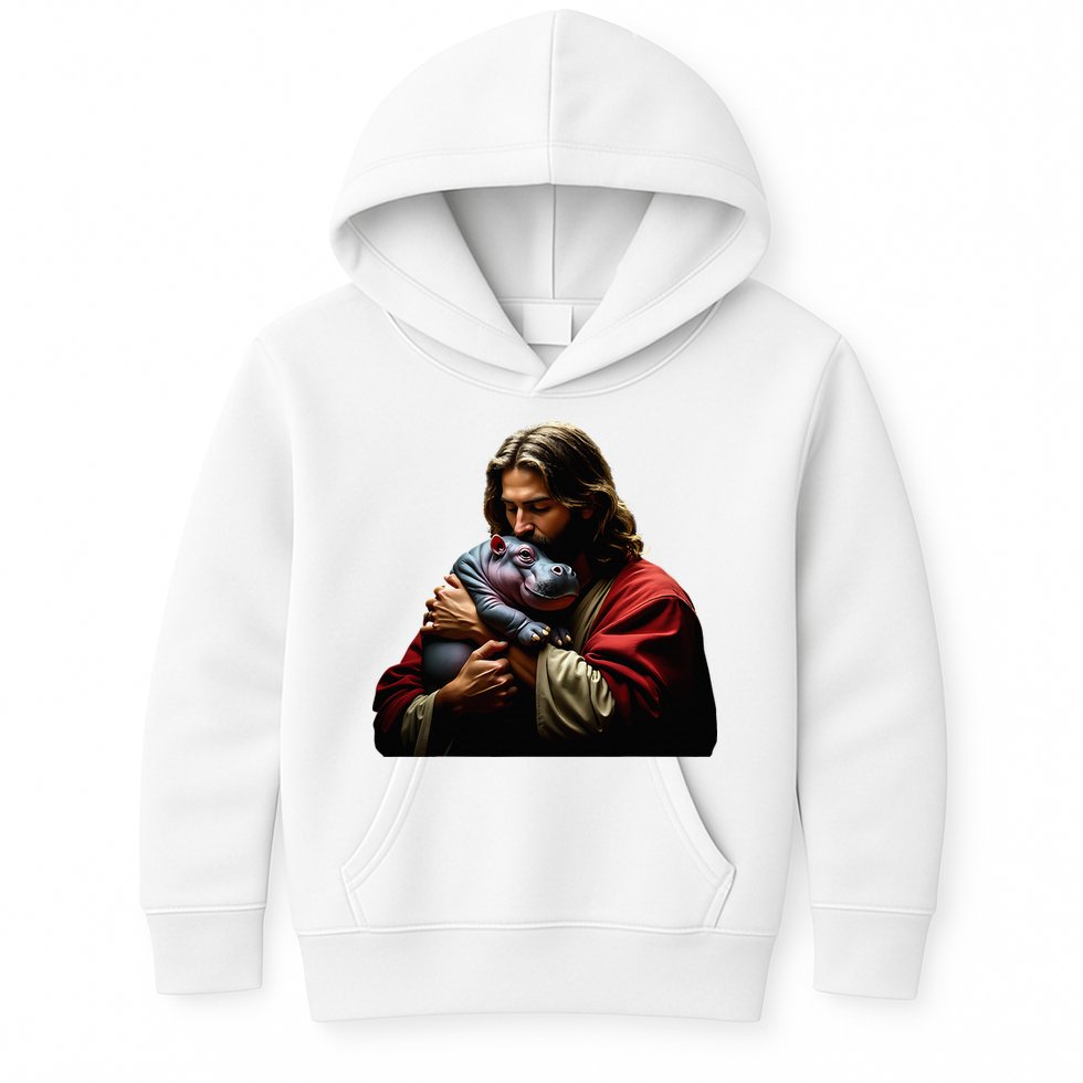 Moo Deng Jesus Christ Baby Hippo Animal Kids Hoodie