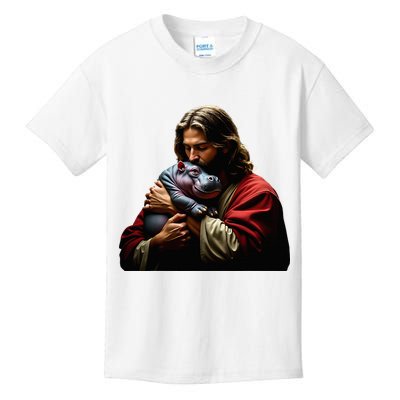 Moo Deng Jesus Christ Baby Hippo Animal Kids T-Shirt