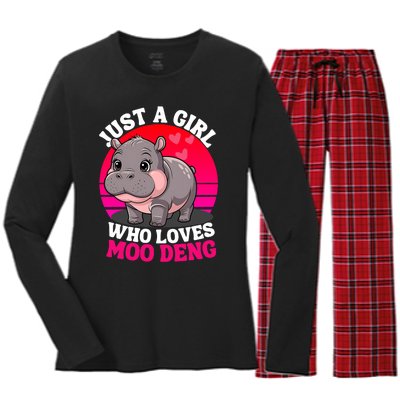 Moo Deng Just A Girl Who Loves Moo Deng Cute Baby Hippo Women's Long Sleeve Flannel Pajama Set 