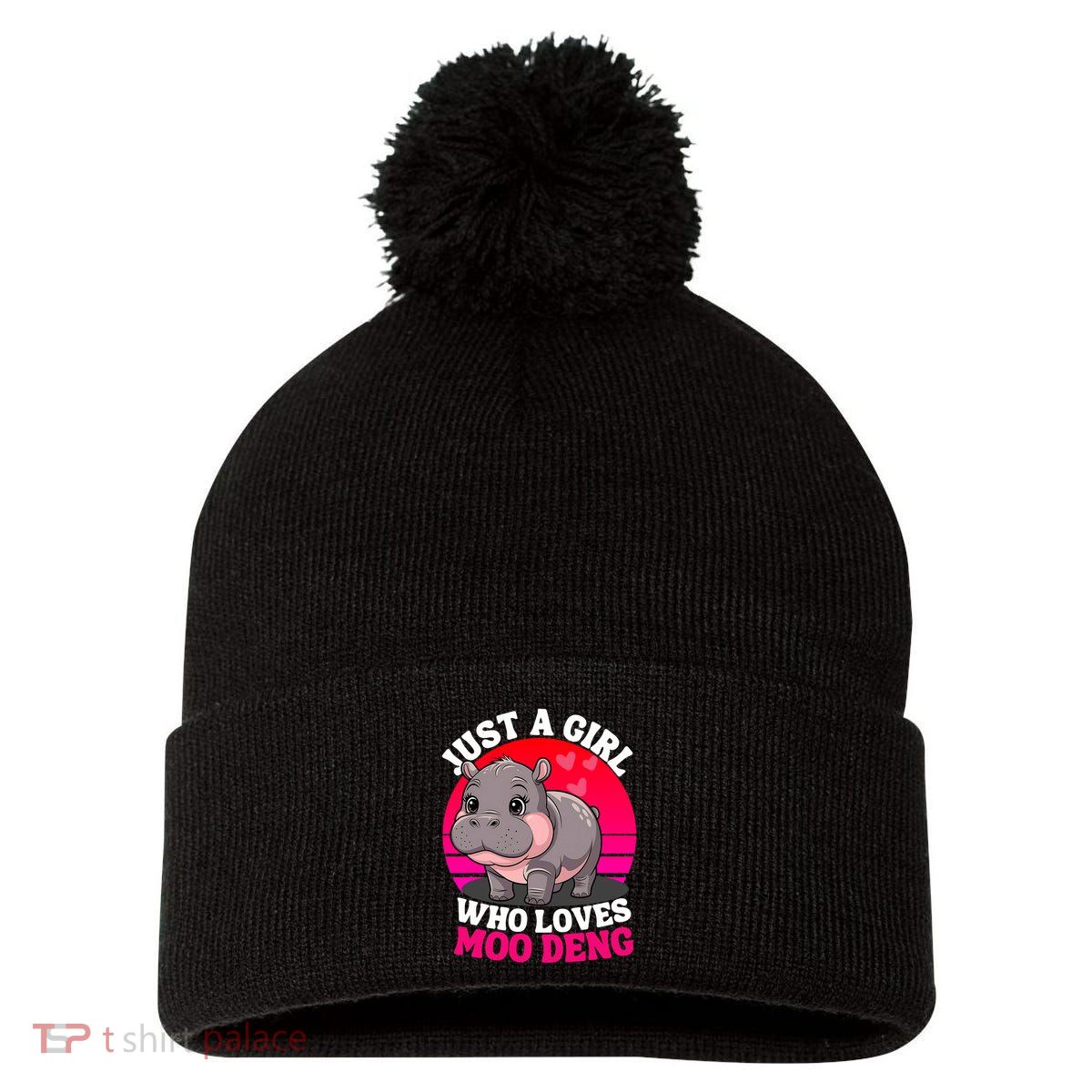 Moo Deng Just A Girl Who Loves Moo Deng Cute Baby Hippo Pom Pom 12in Knit Beanie