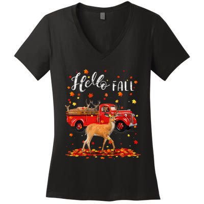 Maple Deer Leaf Fall Autumn Red Truck Gift Women's V-Neck T-Shirt