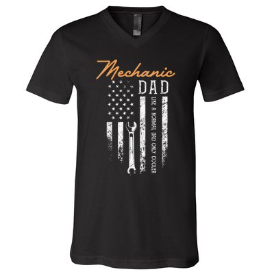 Mechanic Dad Like A Normal Dad Only Cooler USA Flag V-Neck T-Shirt