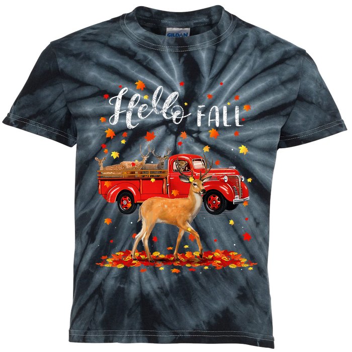 Maple Deer Leaf Fall Autumn Red Truck Gift Kids Tie-Dye T-Shirt