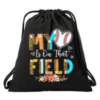 Mothers Day My Heart Is On That Field Leopard Baseball Mom Drawstring Bag