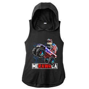 Merica Dinosaur Monster Truck 4th of July American Flag Boy Ladies PosiCharge Tri-Blend Wicking Draft Hoodie Tank