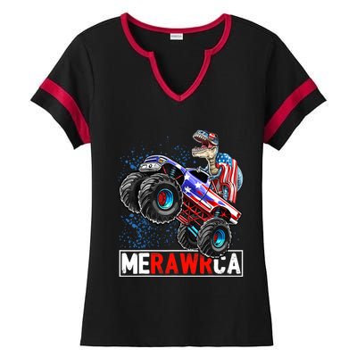 Merica Dinosaur Monster Truck 4th of July American Flag Boy Ladies Halftime Notch Neck Tee